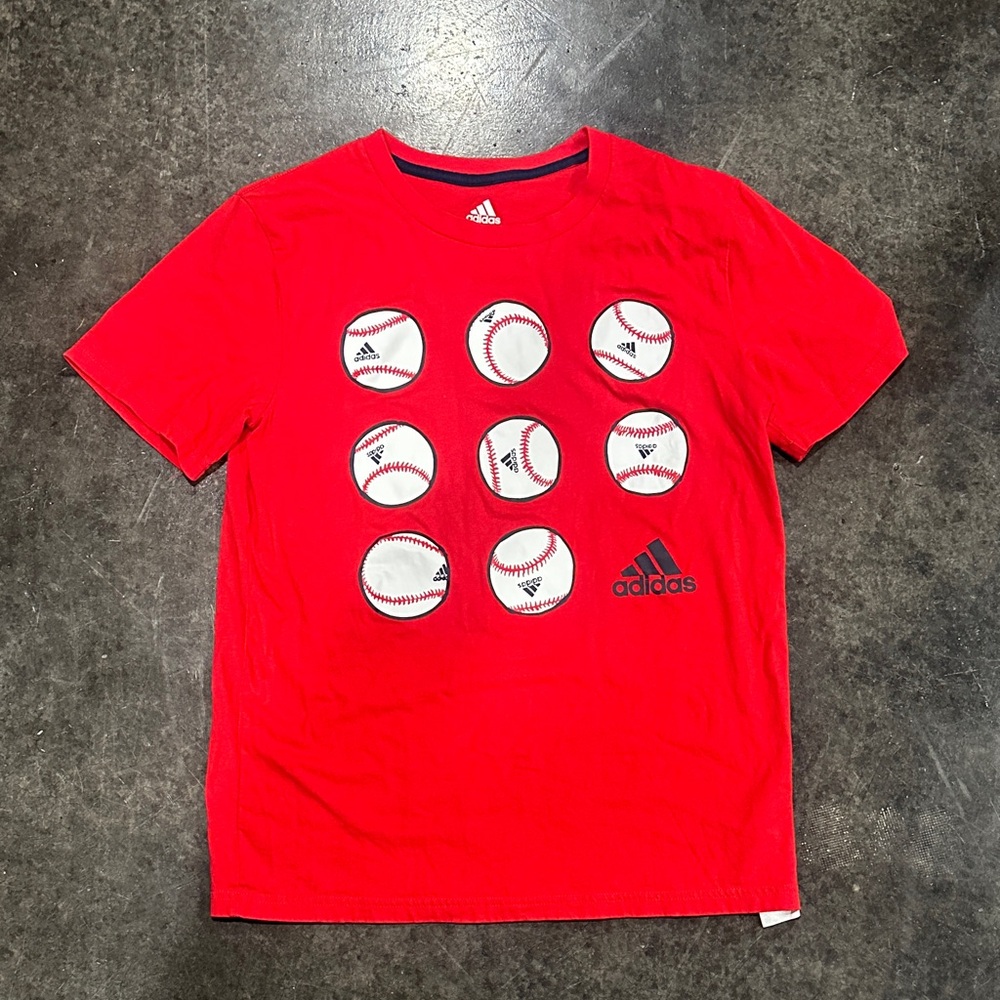 adidas Red Kids Short Sleeve Baseball Grid Tee